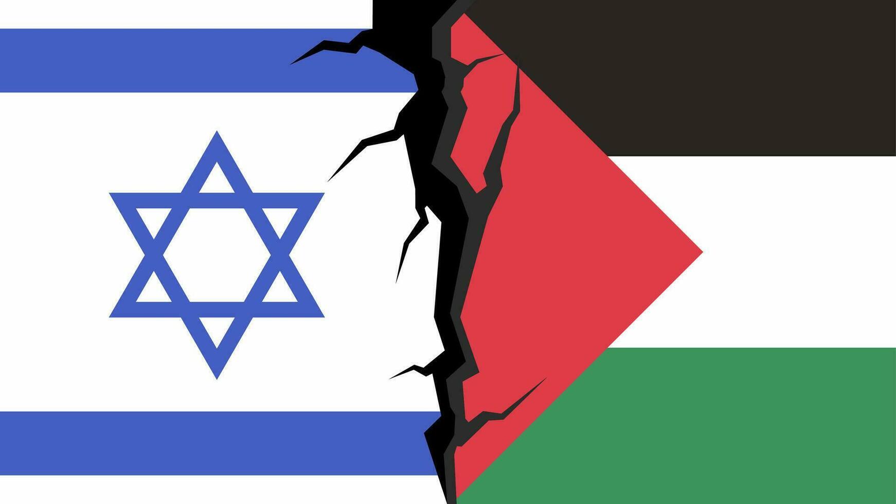 Palestinian Israeli conflict vector illustration. Palestine and israel flag separated by a crack. Landscape illustration of war for social issues, news, invasion and terrorism