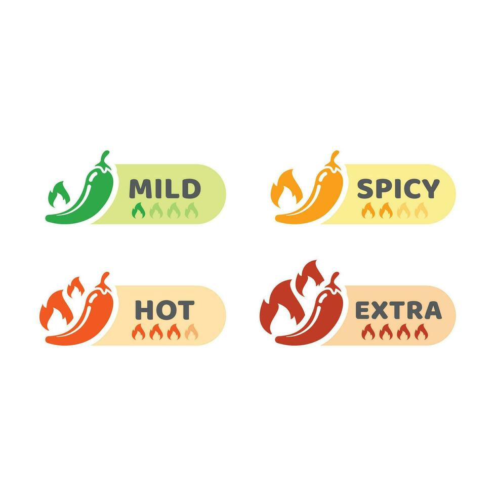 Chili pepper, mild and hot label with fire flames. Spicy and extra hot peppers icon set. vector