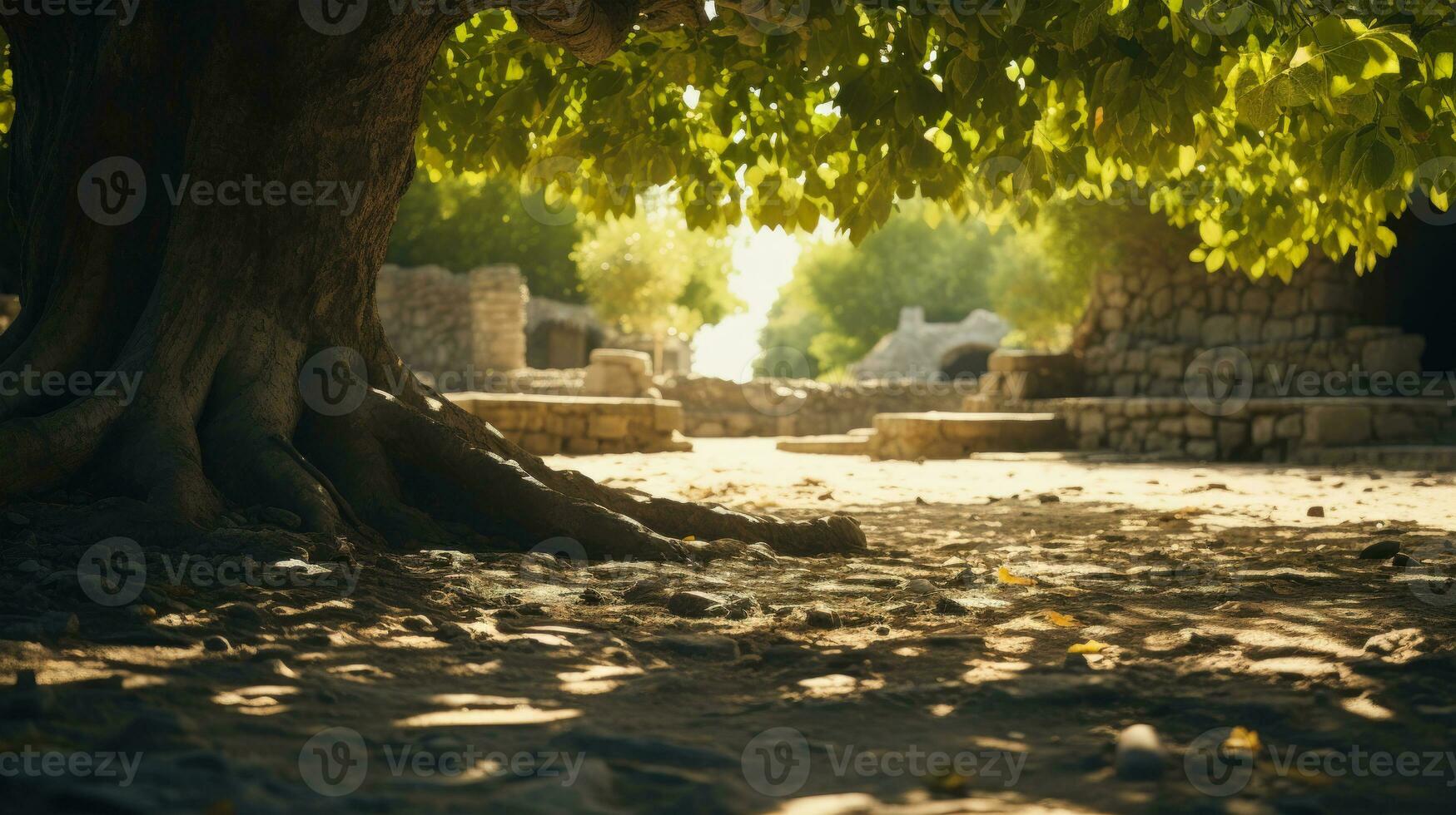 Peaceful Garden A Mulberry Tree with Dappled Sunlight and Shadows AI Generated photo