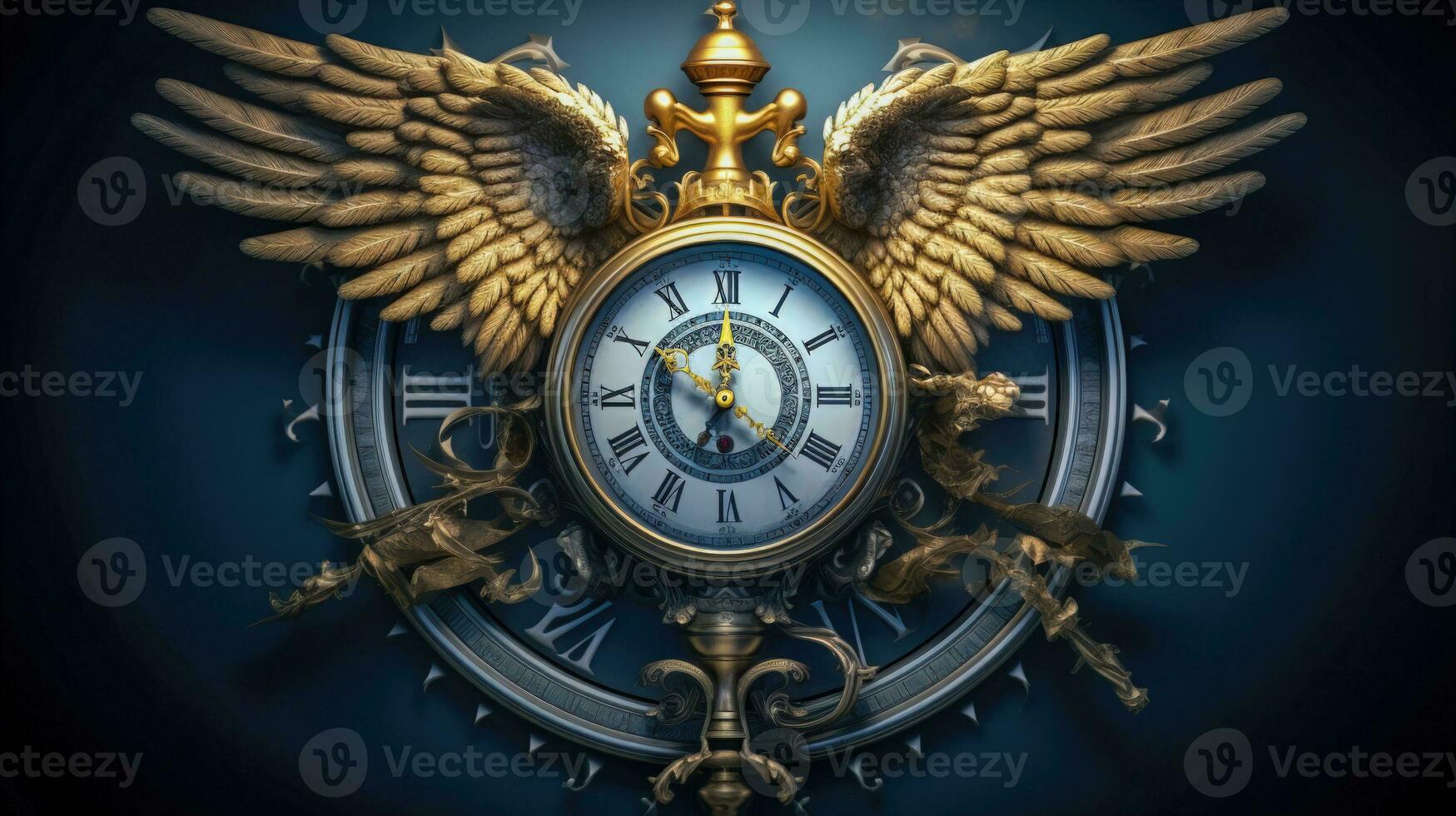 A Sacred Tattoo of a Clock an Angel and a Dove in White Gold and Blue Colors AI Generated photo