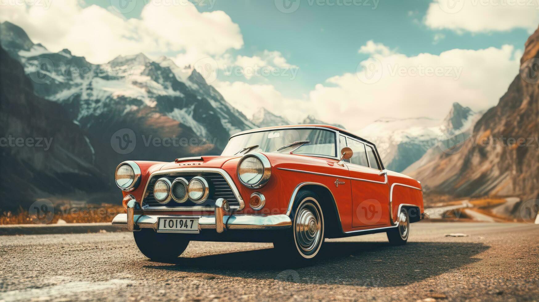 Vintage Road Trip in a Time Honored Convertible on a Mountainous Terrain AI Generated photo