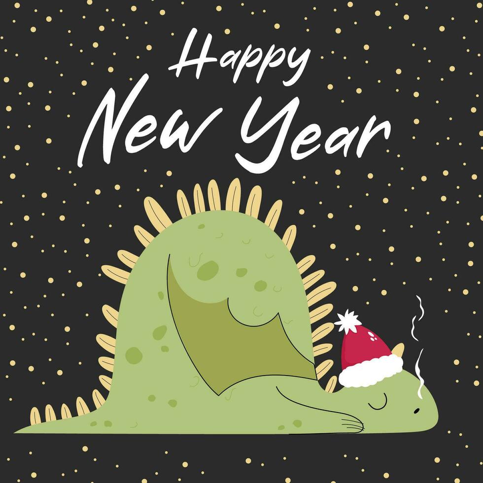 Happy New Year greeting card with cute sleeping dragon wearing Santa hat. Vector illustration in cartoon style.