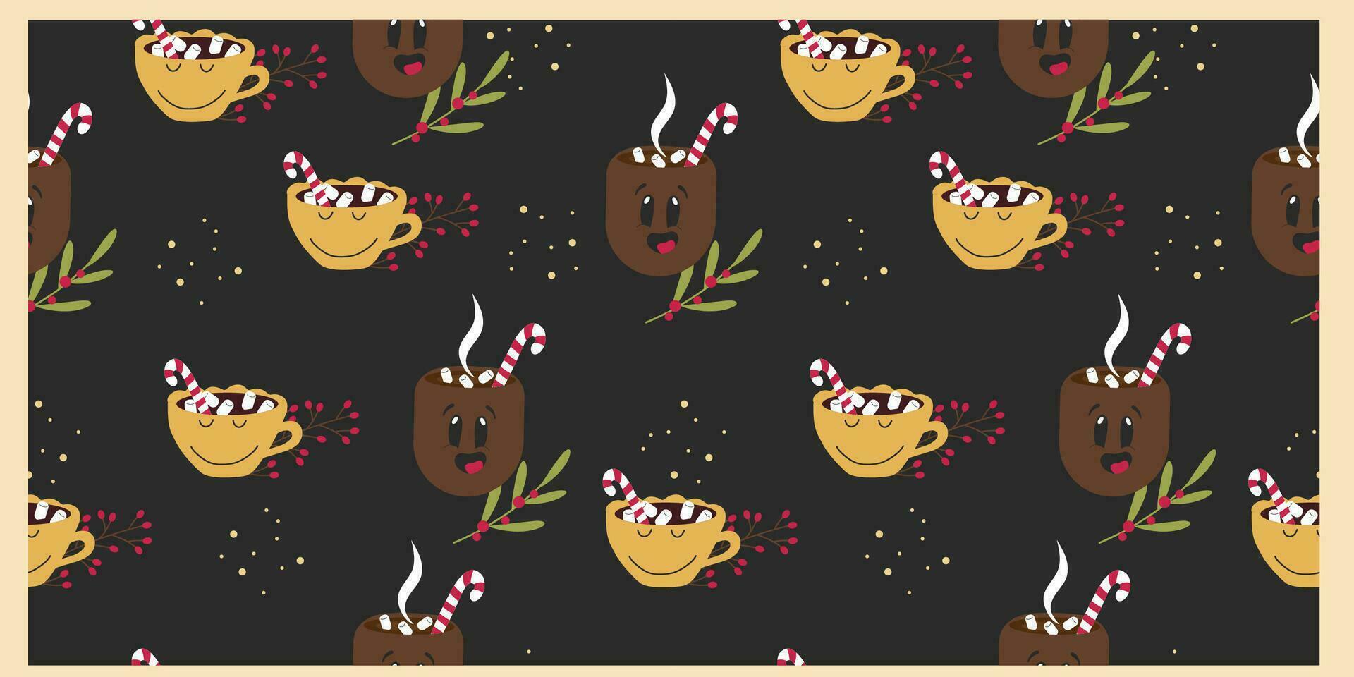 Cute Christmas pattern with hot cocoa cups, candy cane and marshmallow. vector