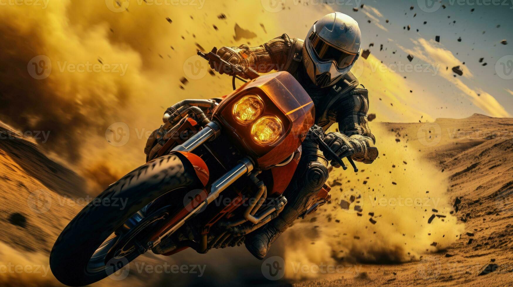 motocicleta jinete pateando arriba polvo en el Desierto ai generado foto