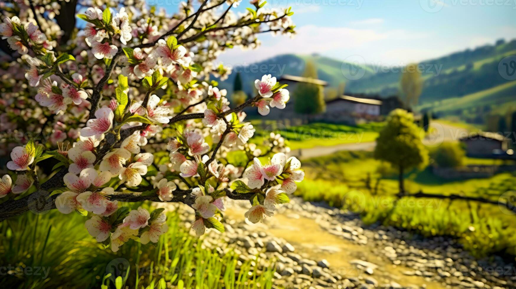 Springtime Beauty A Scenic Countryside Landscape with Blossoming Trees AI Generated photo