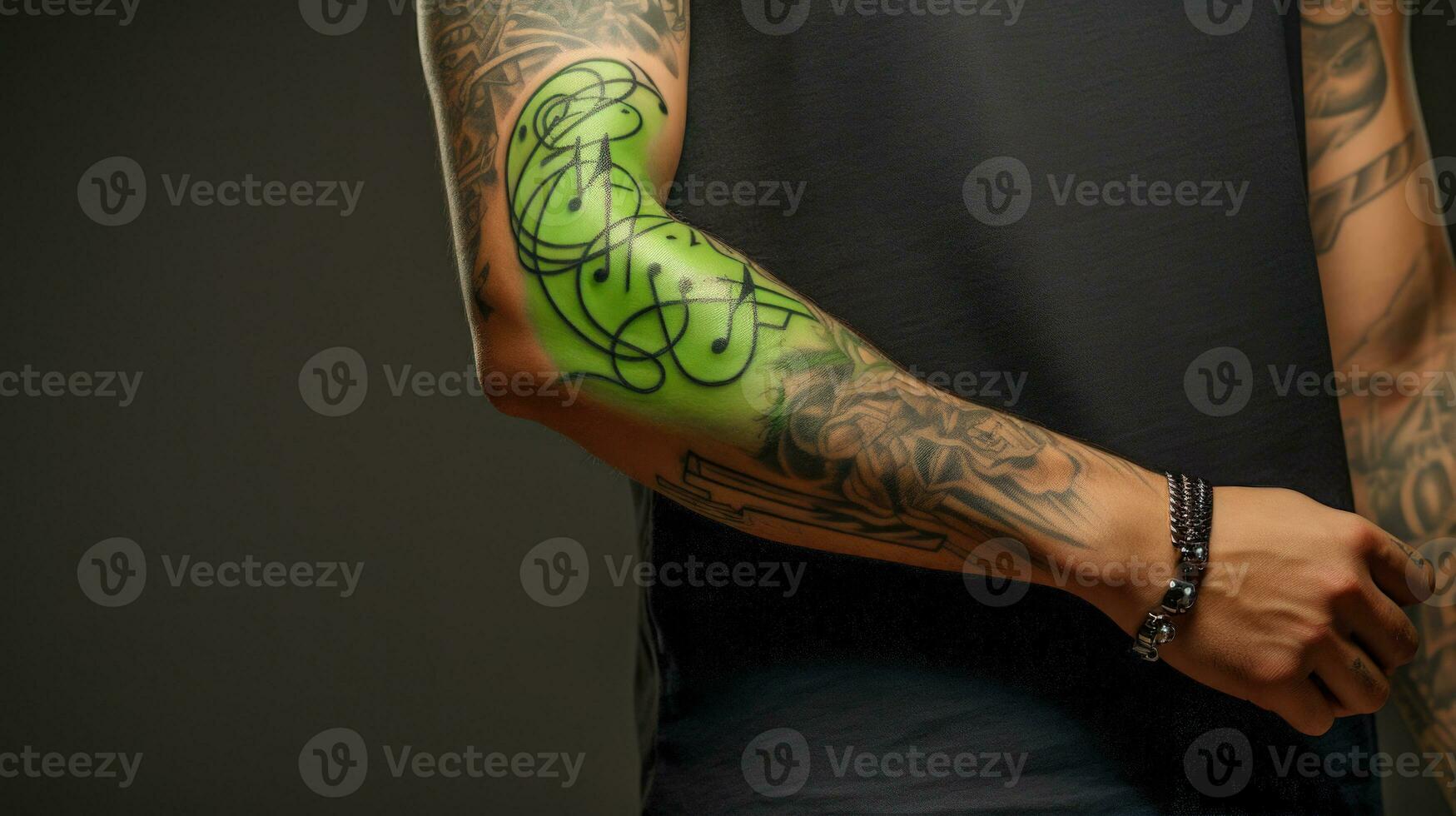 joven chicos brazo con maravilloso musical notas tatuaje ai generado foto
