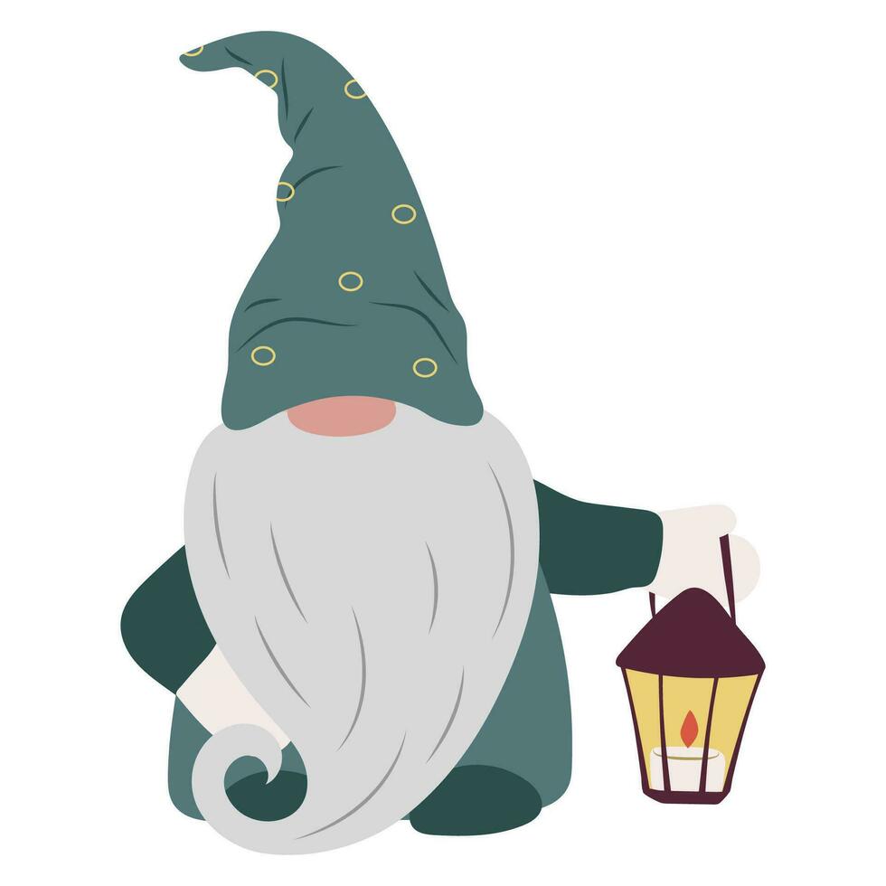 Cute gnome with long beard and flashlight isolated on white. Scandinavian cartoon character with candle for Christmas decoration. Fairy tale dwarf vector