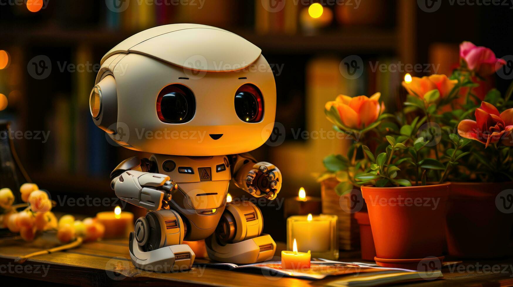 Artificial Intelligence in Daily Life A Helpful and Futuristic Robot with a Book and a Flower AI Generated photo