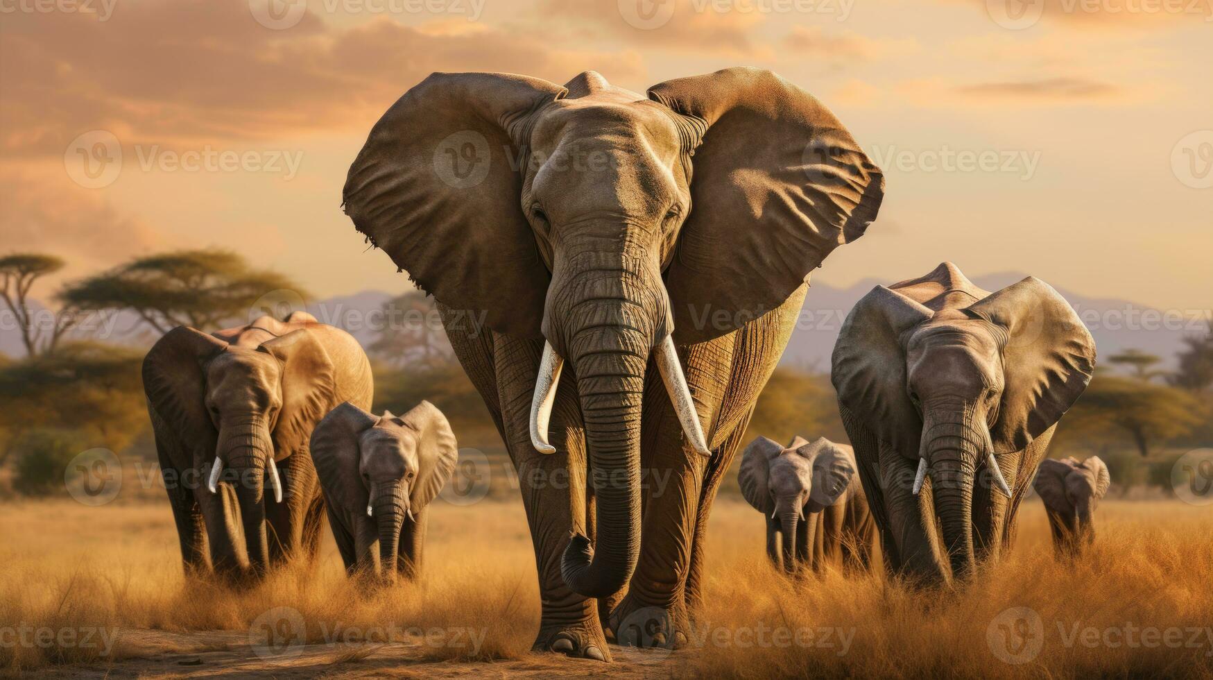 Savanna Scene of Elephant Herd Wandering in Greenery Living in Harmony and Coexisting with Nature AI Generated photo