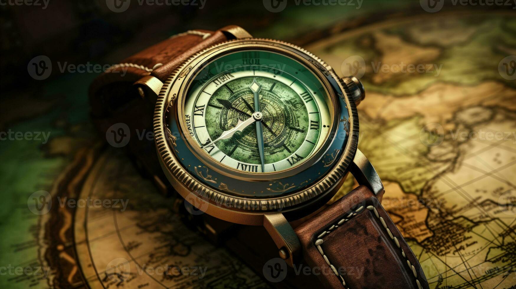 A Isolated Tattoo of a Watch a Compass and a Map with an Antique Mood AI Generated photo