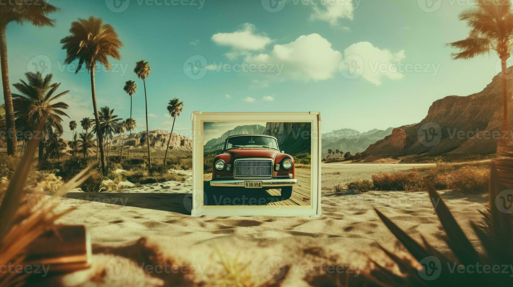 A Double Exposure Photography Project with a Vintage Car and a Desert Landscape AI Generated photo