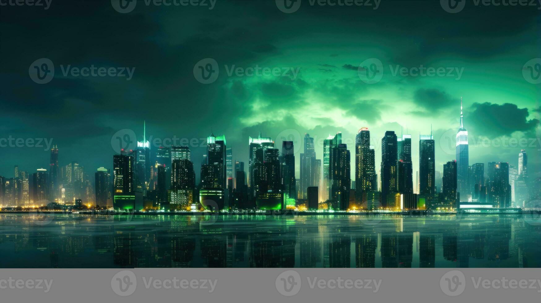 A Modern City with Skyscrapers and a Green Aurora Borealis AI Generated photo
