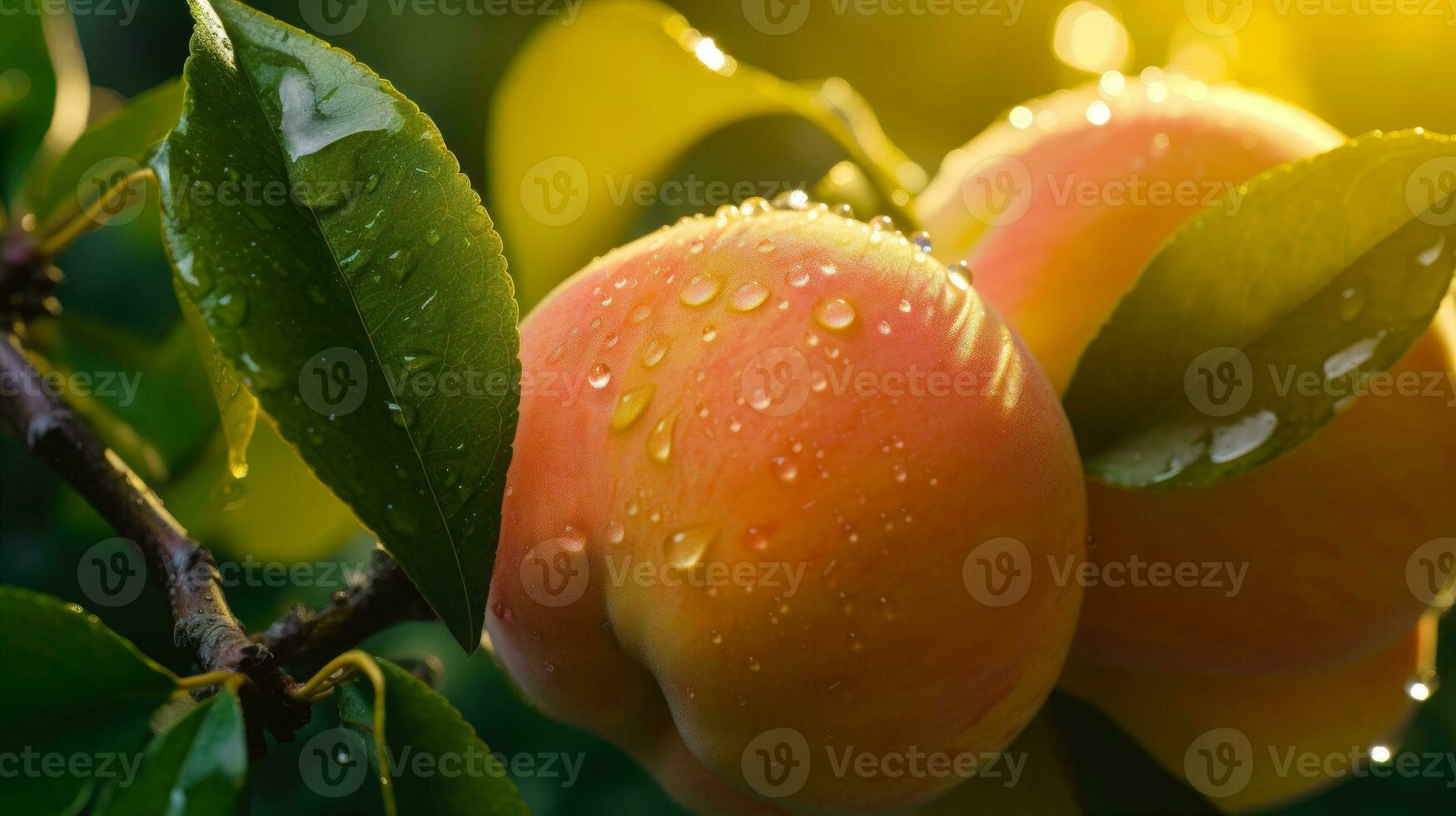 Peach Tree Branch with Two Peaches and Water Droplets AI Generated photo