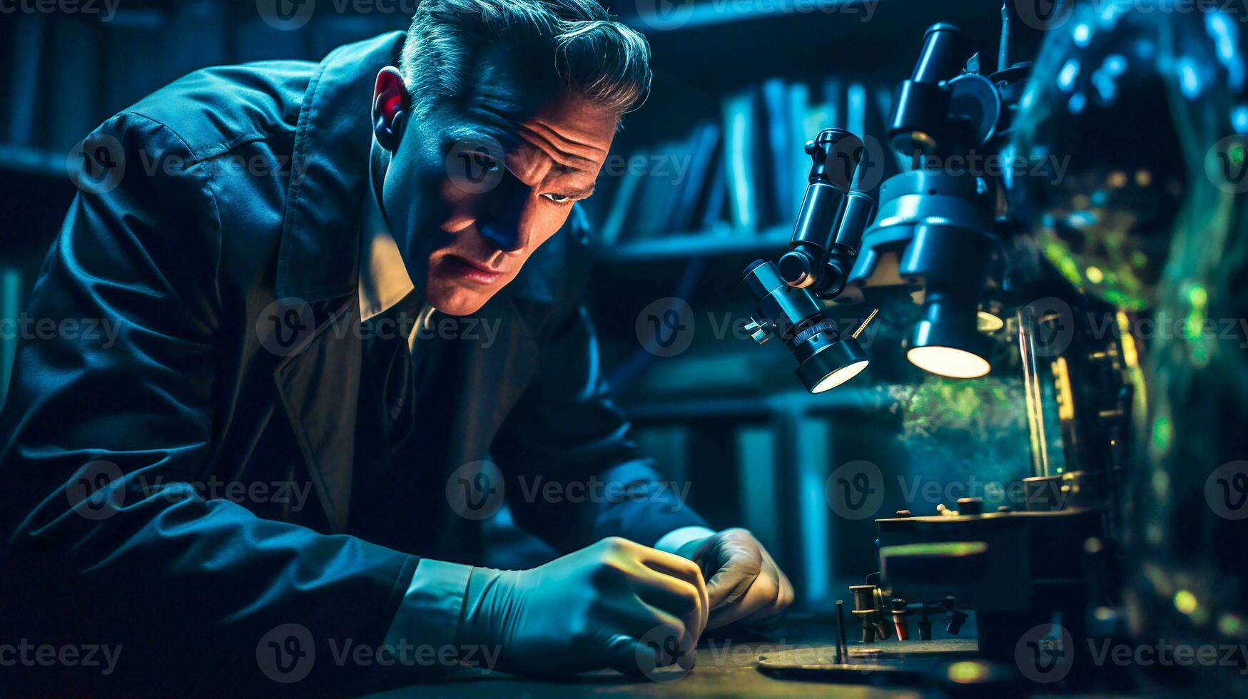 un hombre en un azul traje mirando mediante un microscopio en un oscuro laboratorio ai generado foto