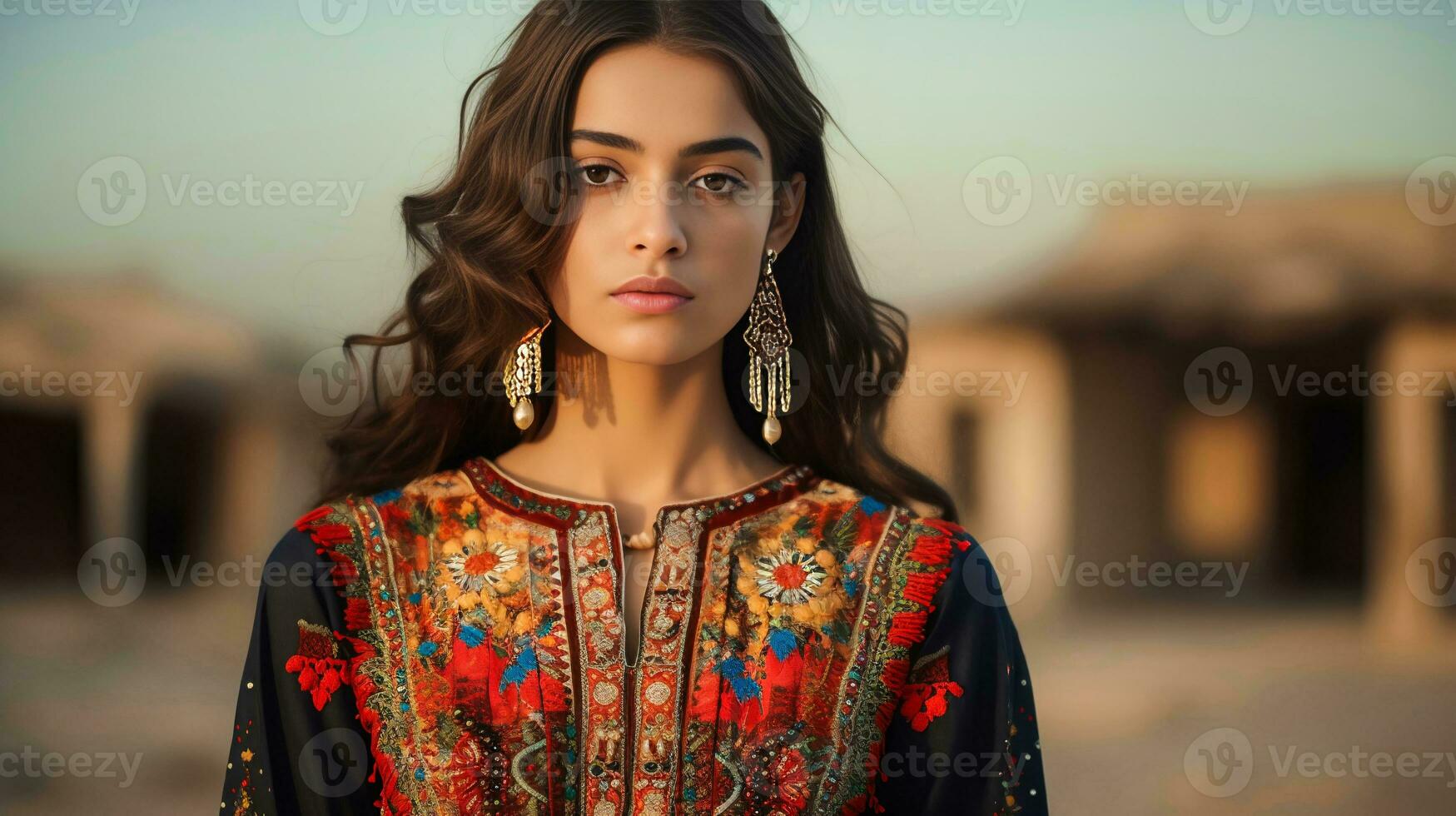 hermosa indio mujer en un tradicional bordado vestir con espejo adornos ai generado foto