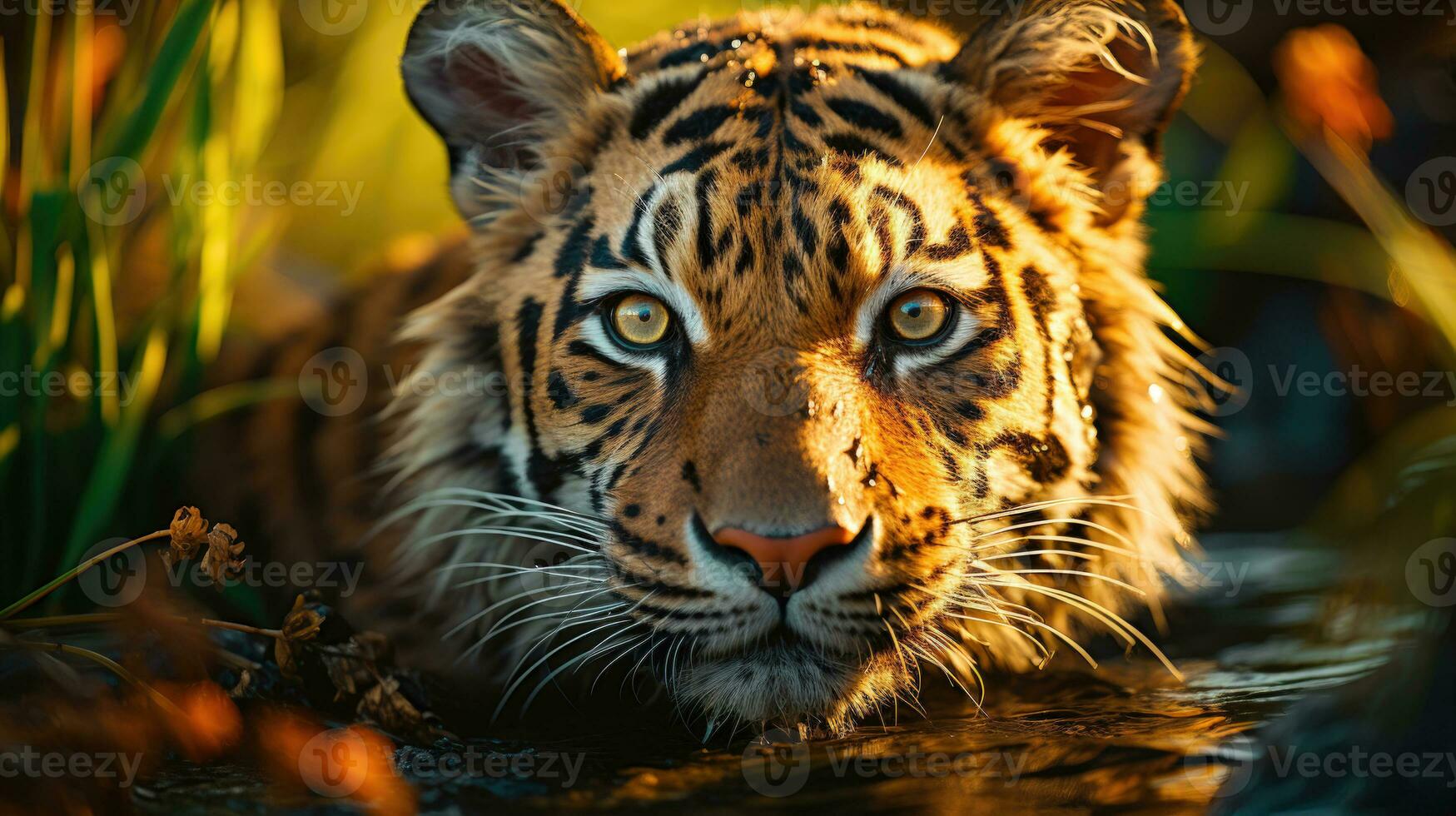 maravilloso y dramático imagen de un Tigre acecho en el agua ai generado foto