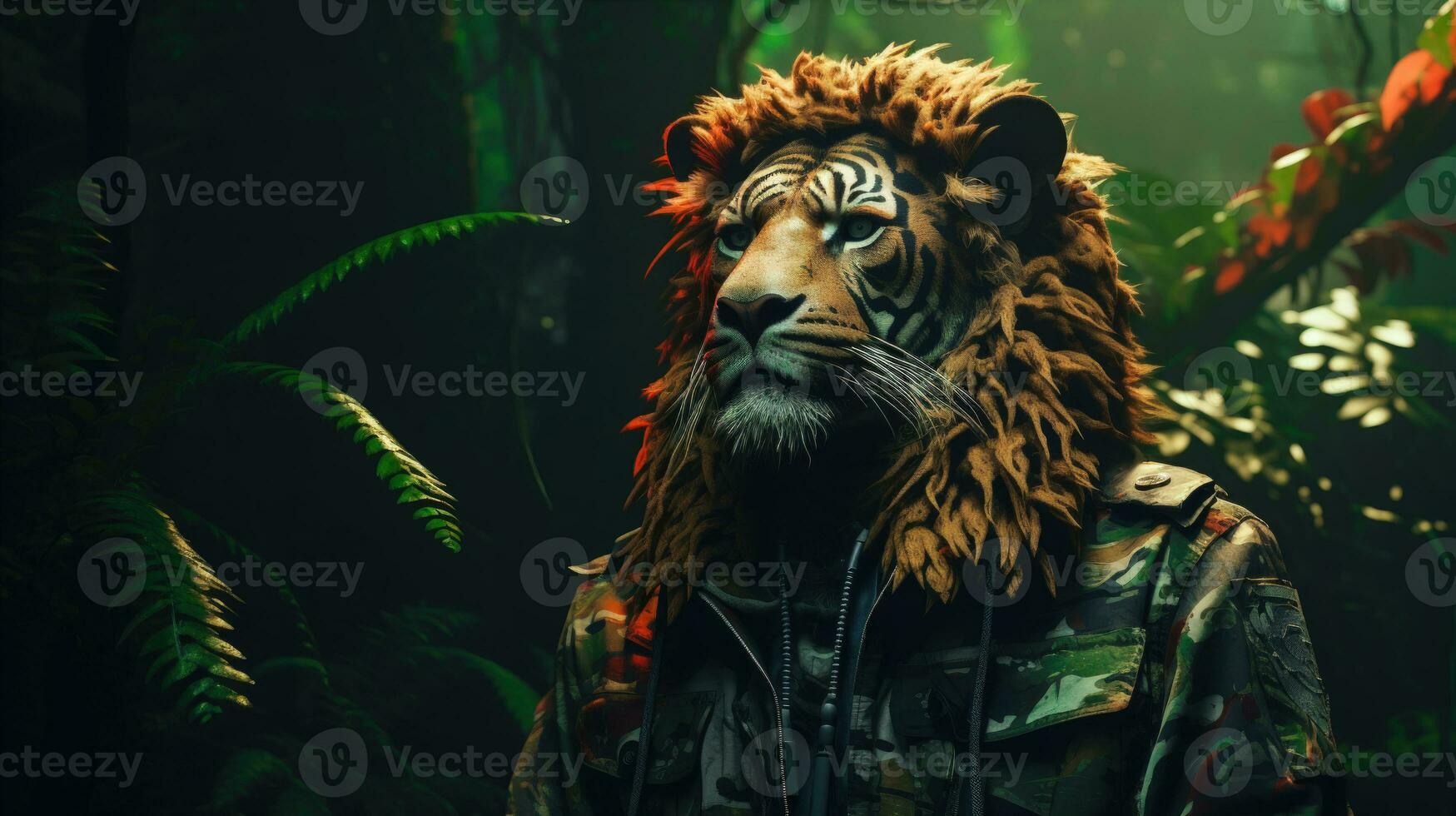 Roaring Lion in the Wild with Jungle Warfare Gear and War Paint AI Generated photo