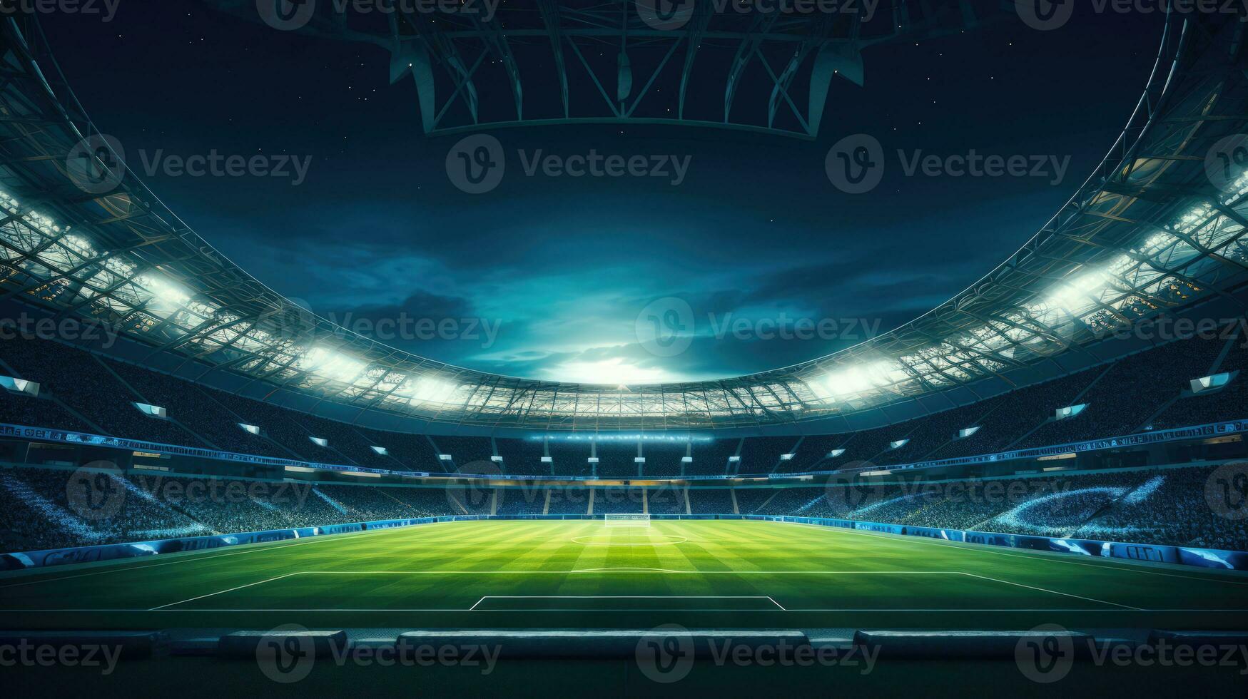 un visualmente maravilloso composición de un fútbol estadio iluminado por focos ai generado foto