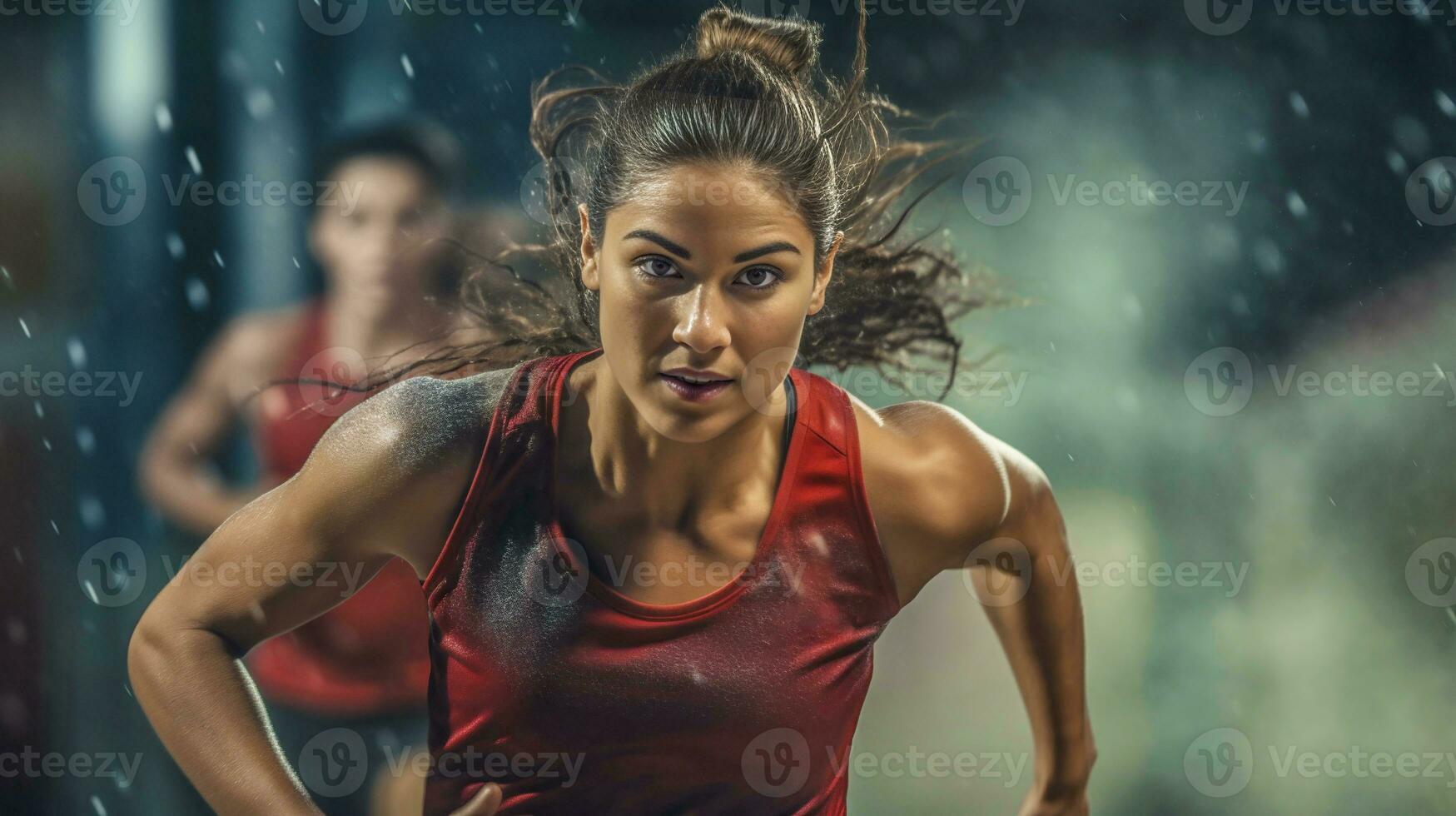 Running in the Rain Two Female Athletes Show Their Determination and Athleticism Ai Generated photo