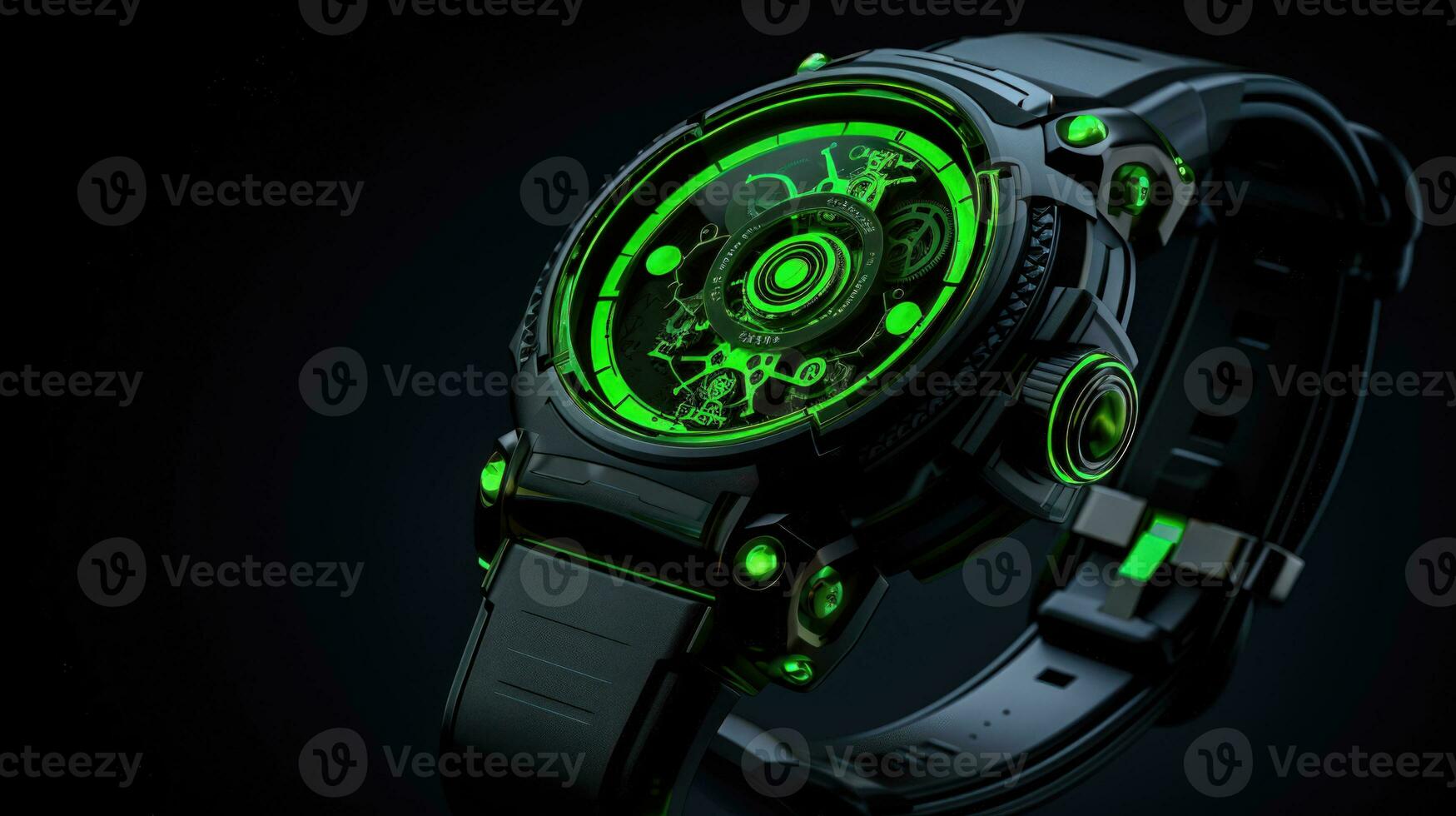 Modern and Futuristic Green light Luxury unique Watch with black script Ai Generated photo