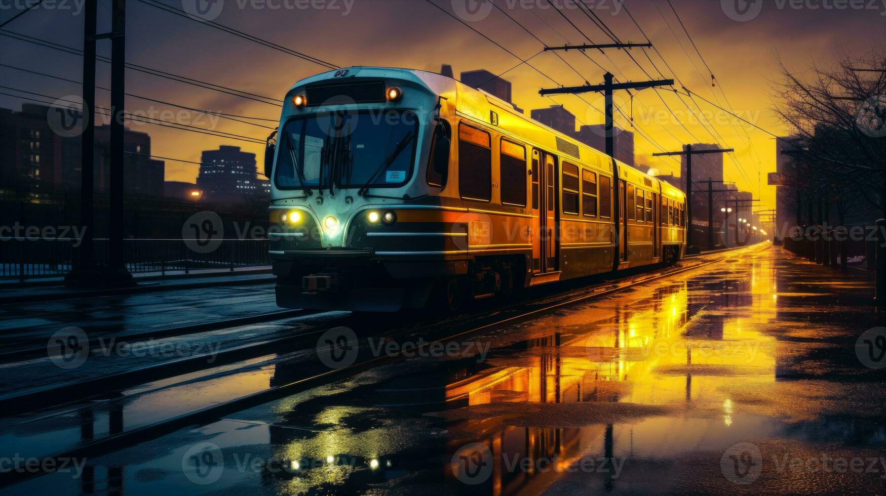 A Dark and Gloomy Cityscape with a Metro Train Traveling Through It AI Generated photo