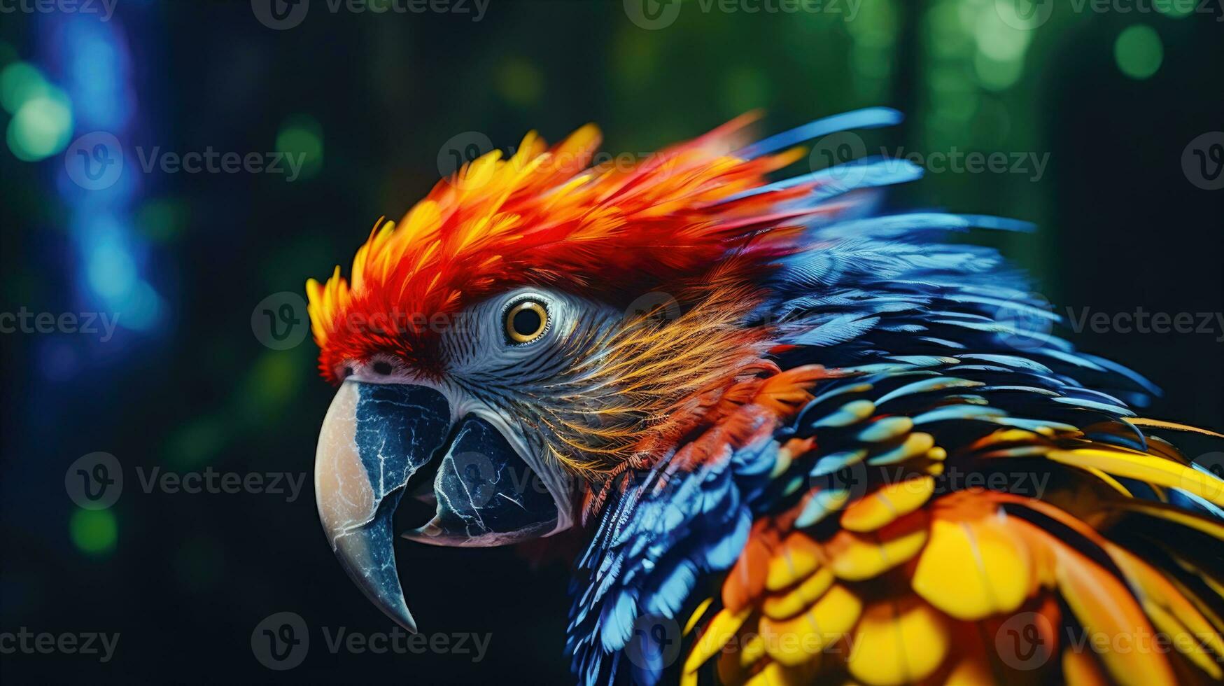 A Parrots Head in Neon Light A Stunning Wildlife Shot with Color Gels AI Generated photo
