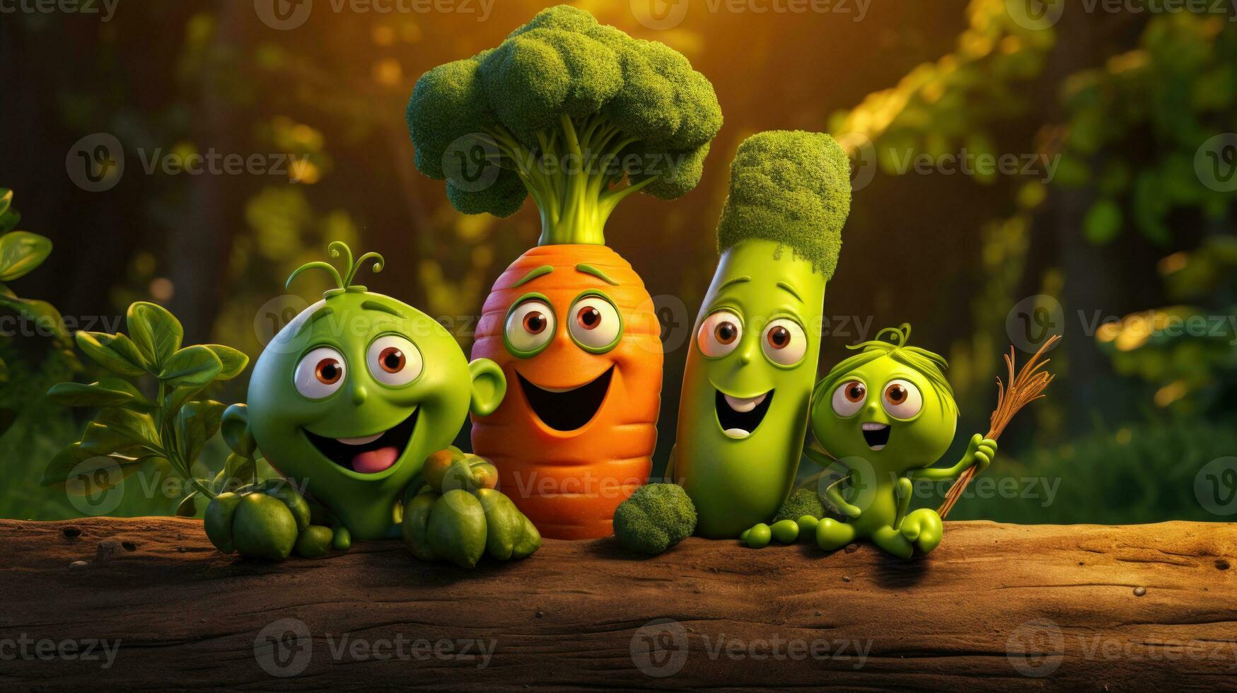 A Family of Veggies A Carrot Dad a Broccoli Mom and a Pea Pod Baby in a Park Scene AI Generated photo
