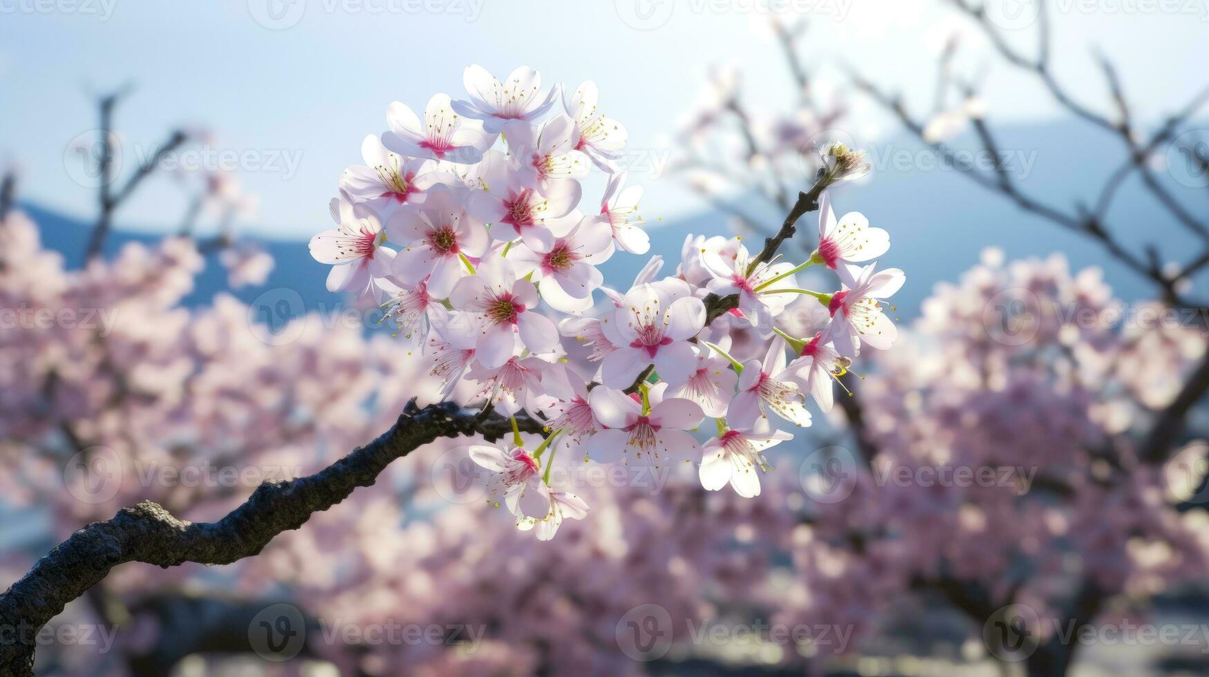 Cherry Blossom Tree Branch with Pink Flowers and Blue Sky Background AI Generated photo
