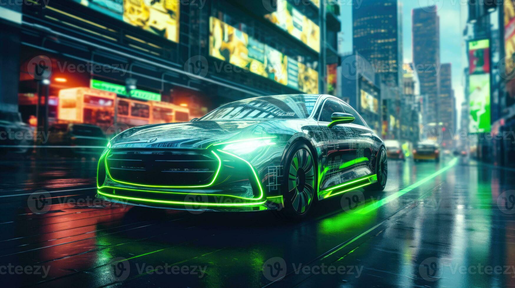 A Self Driving Car Navigating Busy City Streets with Speed and Precision AI Generated photo