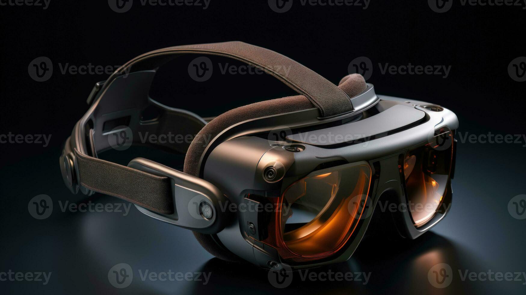 Modern Black and White Virtual Reality Device on a Black Background Ai Generated photo