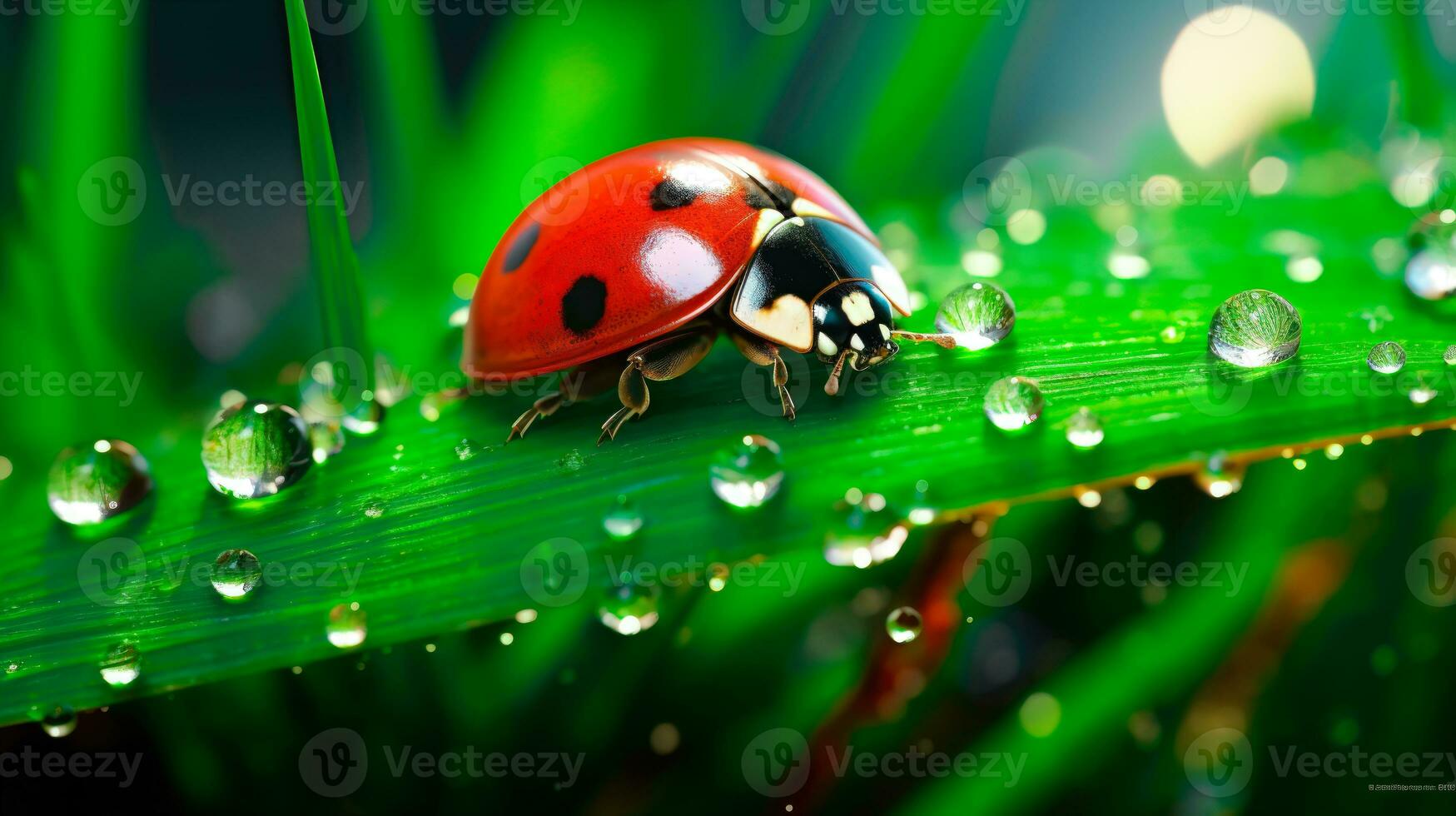 Ladybug on a Dewy Grass Blade AI Generated photo