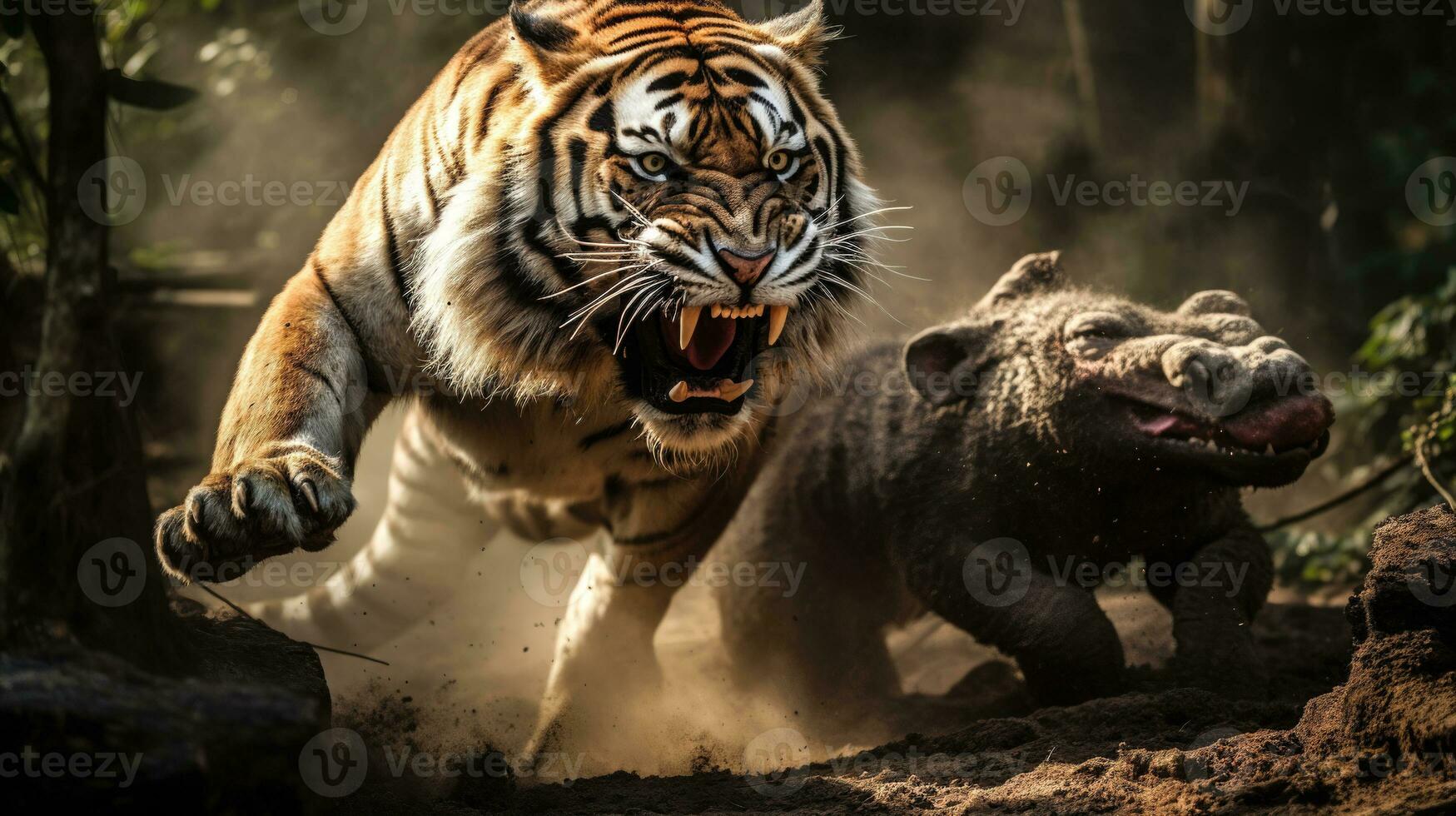 Dramatic Wildlife Moment Tiger in Pursuit of Prey Animal in the Forest AI Generated photo