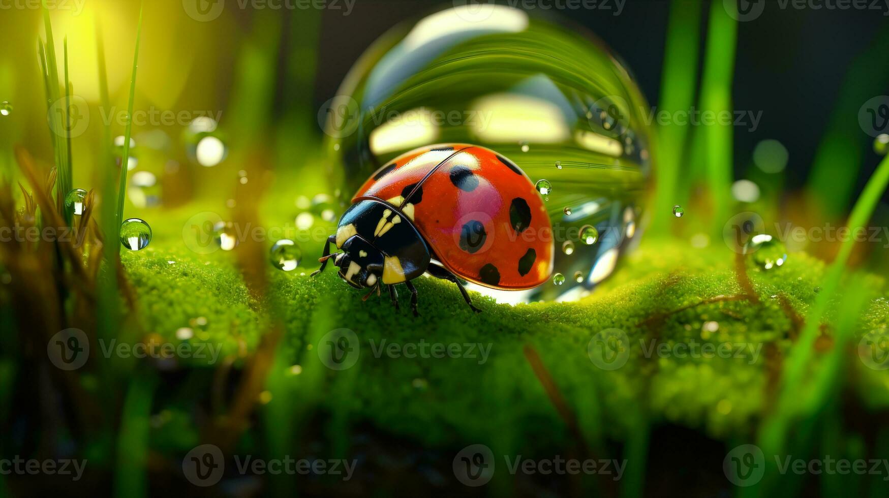 Ladybug on a Blade of Grass with Dew Drops and Bokeh Effect AI Generated photo