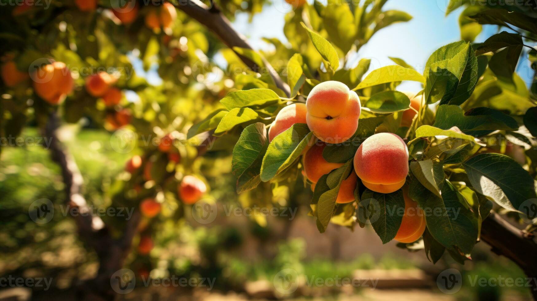Closeup of Ripe and Juicy Apricots on a Tree Branch in a Sunny Orchard AI Generated photo