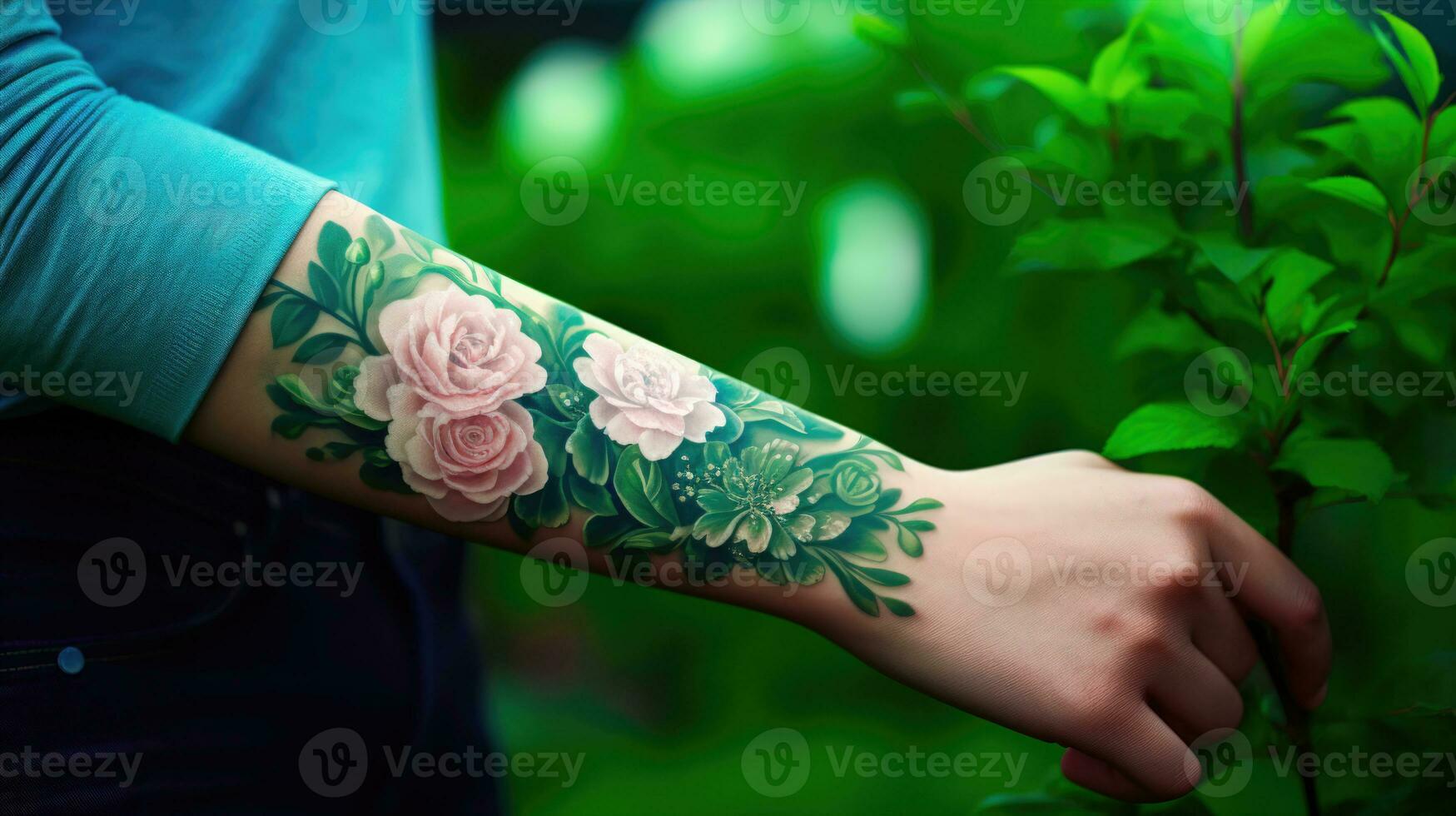 expresivo cuerpo Arte un floral tatuaje diseño en un antebrazo ai generado foto