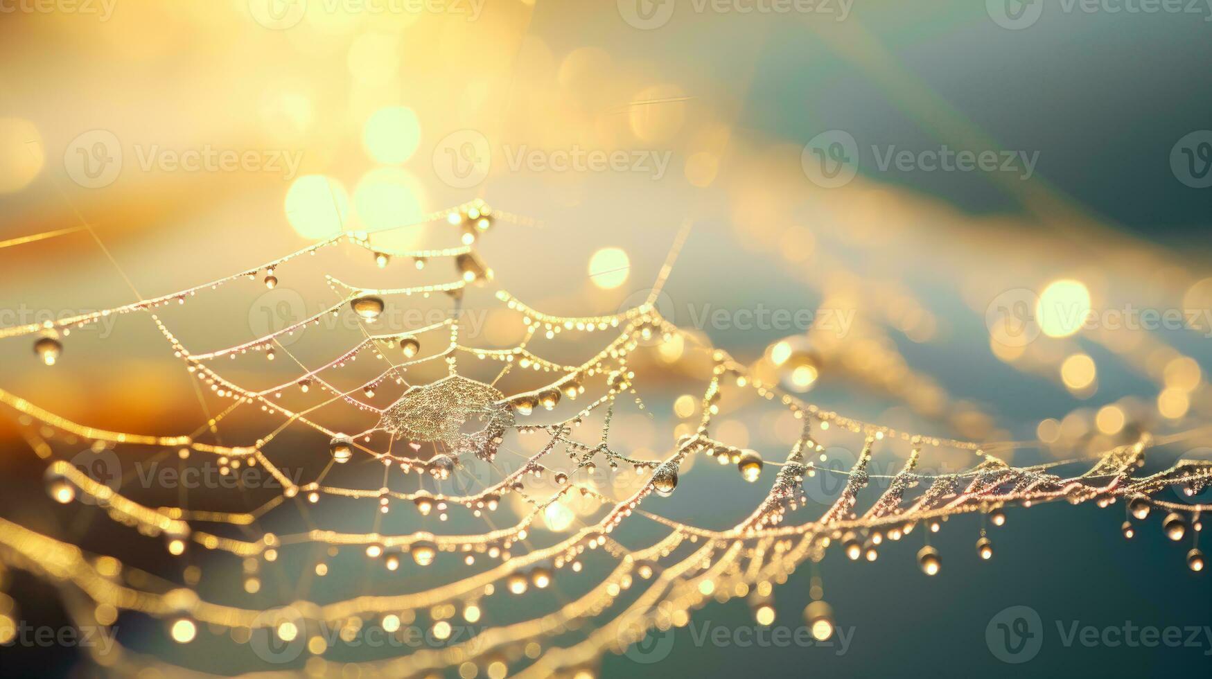 Spider Web with Dew Drops A Close Up Image of a Shimmering Bokeh Effect AI Generated photo
