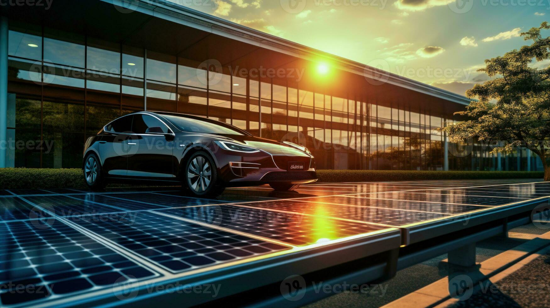 A luxury electric car charging at a solar panel station with a tree and a sun glow AI Generated photo