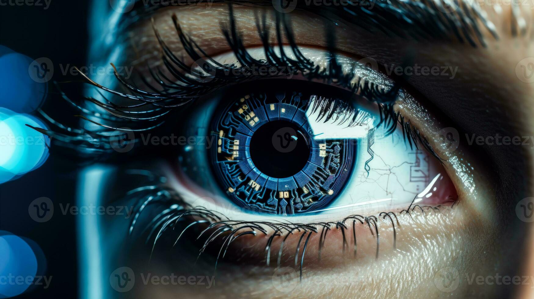 Futuristic Eye with a Digital Rainbow Iris and Holographic Lights Ai Generated photo