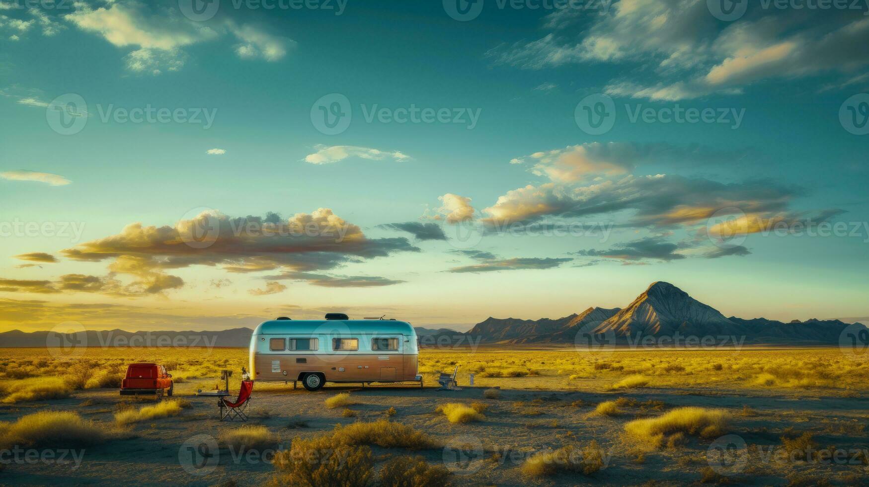 Illustration of Vintage Caravan Parked in a Desert Landscape with a Red Bicycle AI Generated photo