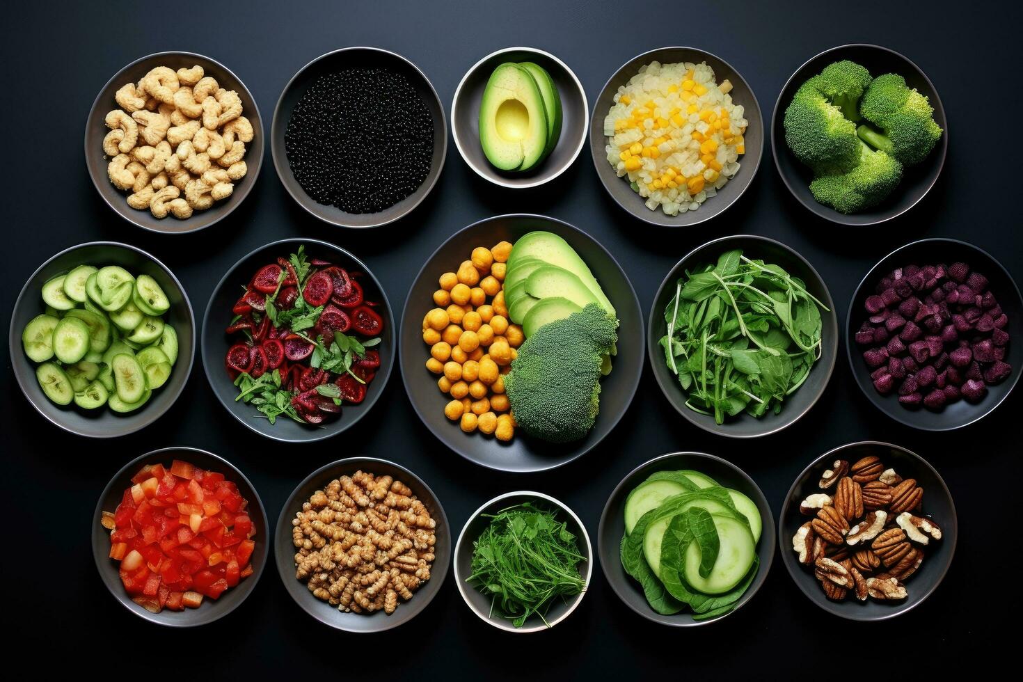 Healthy food selection in black bowls over black background. Top view. Assortment of healthy food dishes. Top view, AI Generated photo