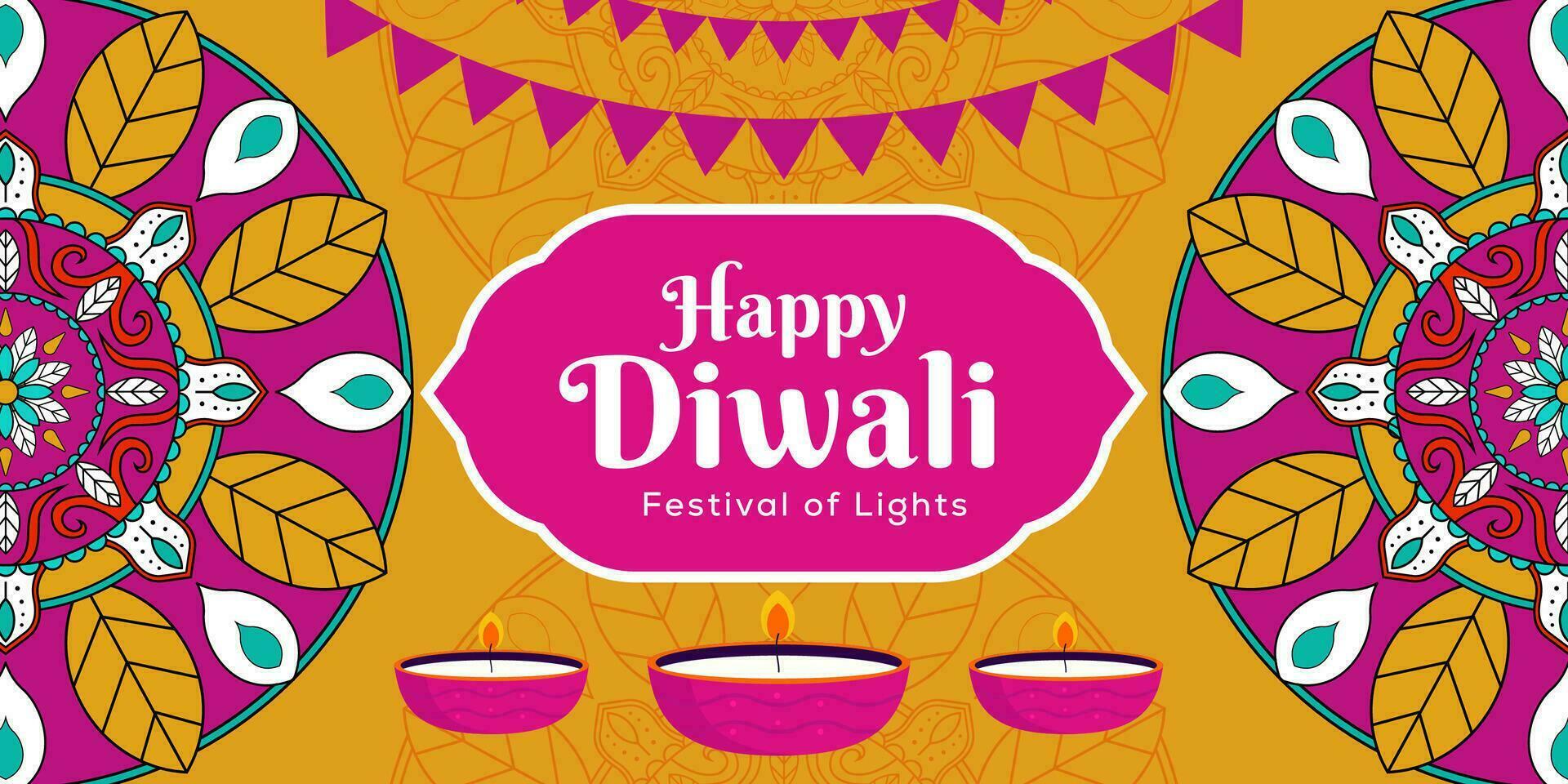 plano diseño contento diwali festival de ligero horizontal bandera ilustración vector