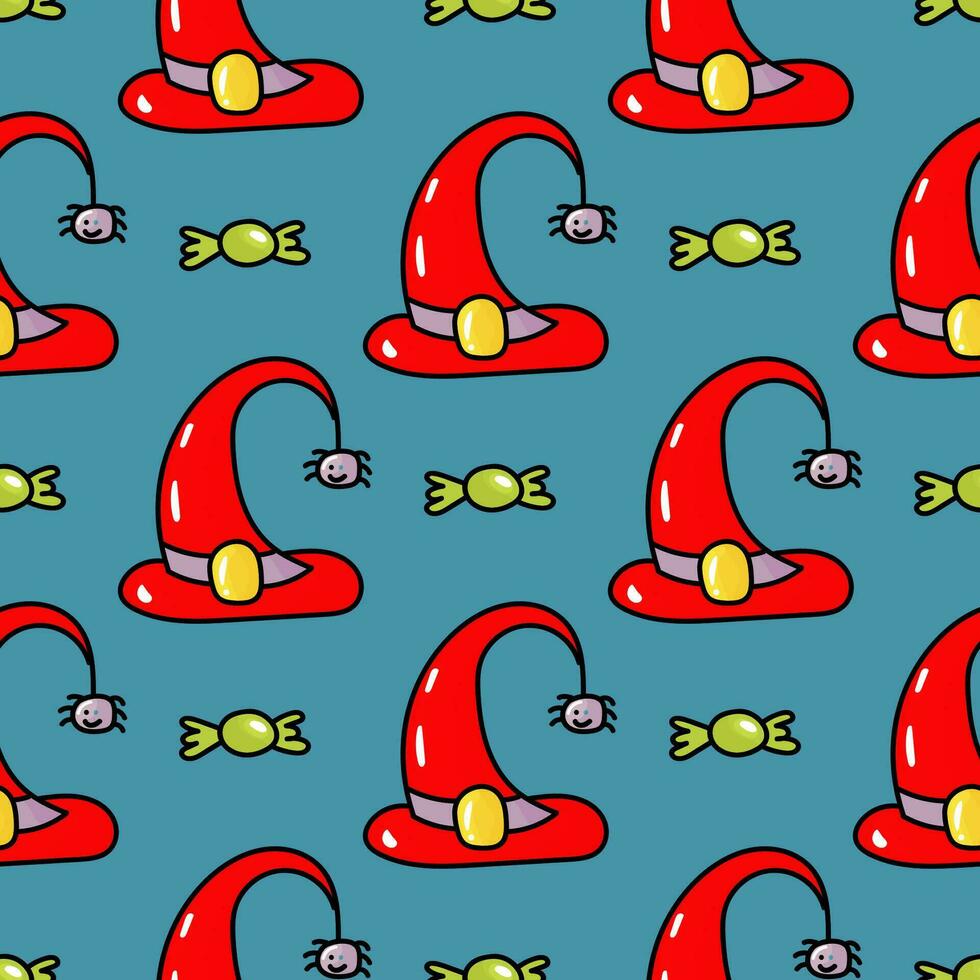 Hand drawn cute seamless pattern with cartoon Witch Hat and spider in doodle design vector