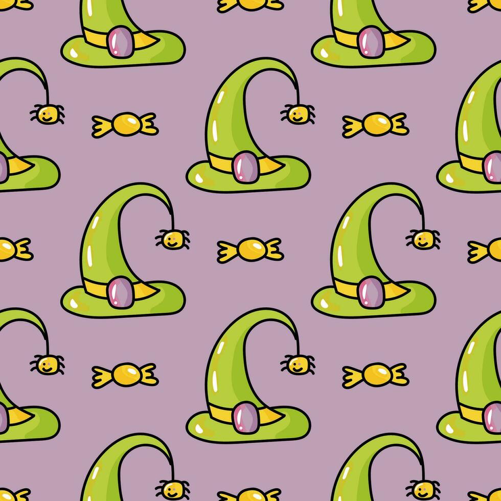 Hand drawn cute seamless pattern with cartoon Witch Hat and spider in doodle design vector