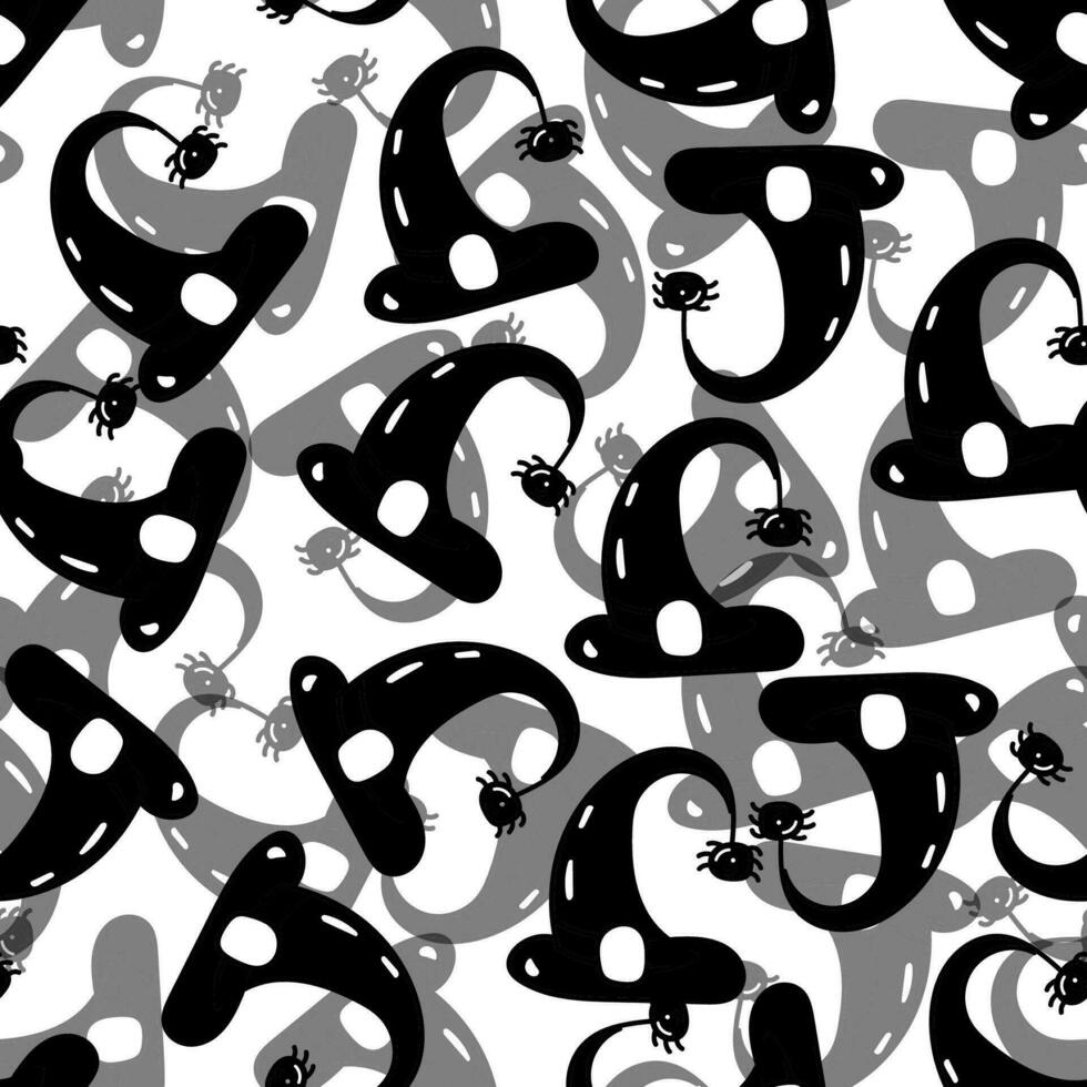 Hand drawn cute seamless pattern with cartoon Witch Hat and spider in doodle design vector