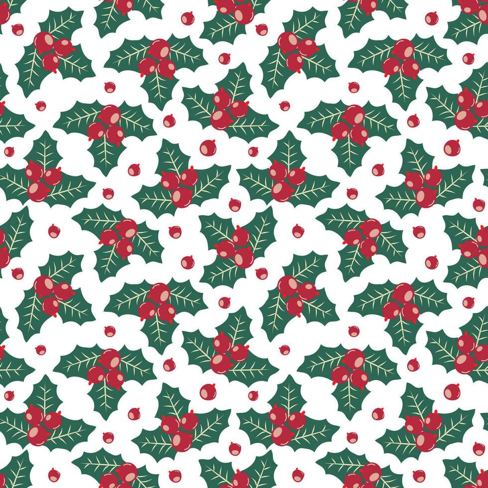 Vector seamless Christmas pattern with holly, berries and snowflakes, festive New Year winter backdrop