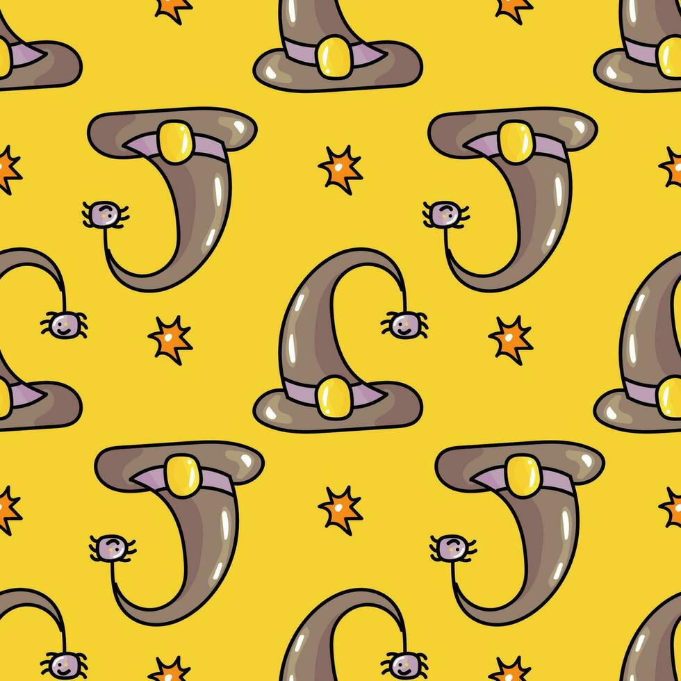 Hand drawn cute seamless pattern with cartoon Witch Hat and spider in doodle design vector