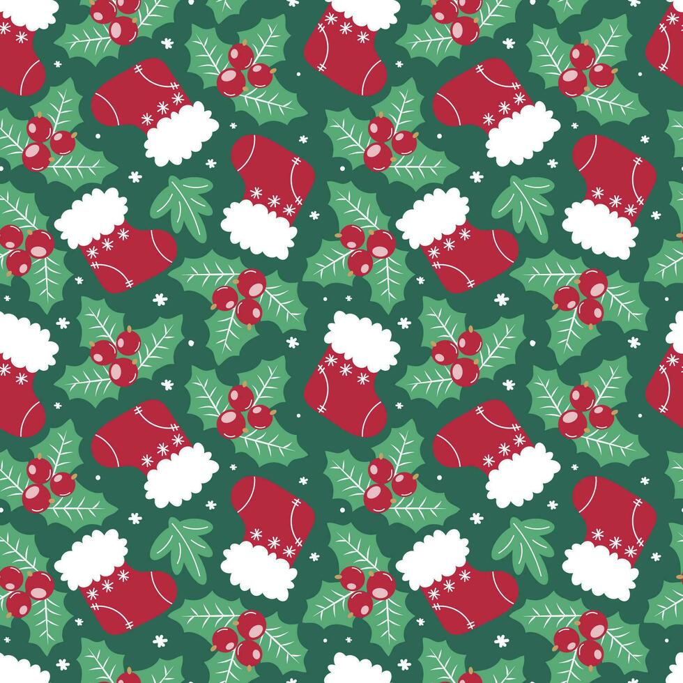 Vector seamless pattern with Christmas socks, holly, berries