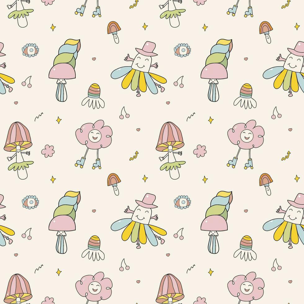 Vector retro hand drawn seamless pattern with groovy mushrooms, flowers, eyes doodle style