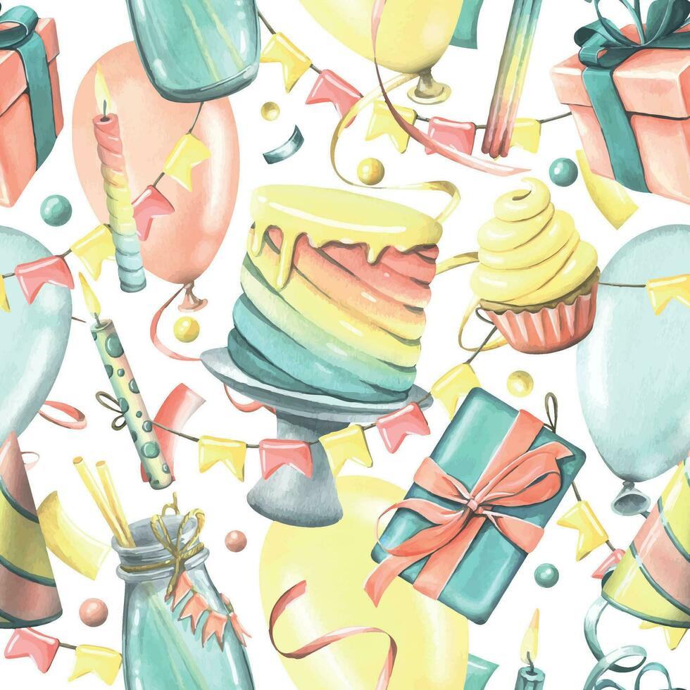 Bright, cheerful, festive, seamless pattern with champagne, cake, gifts, balloons and confetti, flags. Watercolor illustration from the HAPPY BIRTHDAY collection. For packaging paper design. vector
