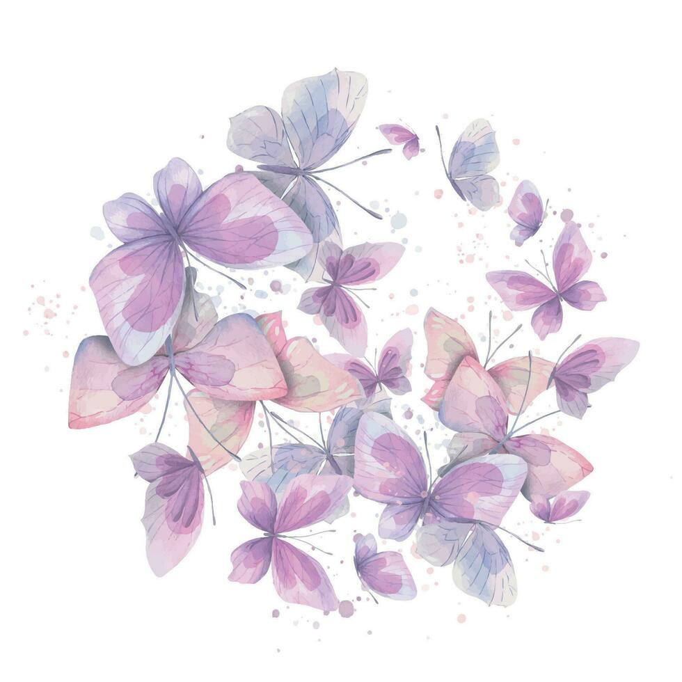 Lilac, pink and blue butterflies with splashes of paint. Watercolor illustration. Composition from the collection of CATS AND BUTTERFLIES. For the design and decoration of prints, postcards, posters vector